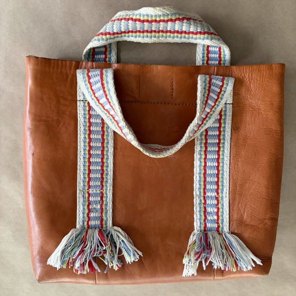 Madewell‎ Tan Leather Transport Tote Woven Tassel Straps Boho Fringe Hipster